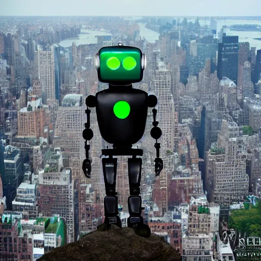 Prompt: a robot standing on a cliff, looking over an overgrown new york