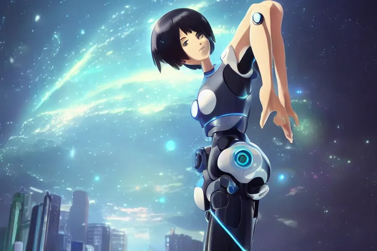 Prompt: makoto shinkai. robotic android girl. futuristic cyberpunk. dystopia. vibrant nebula sky. full robotic andorid body. robotics. cybernetic person