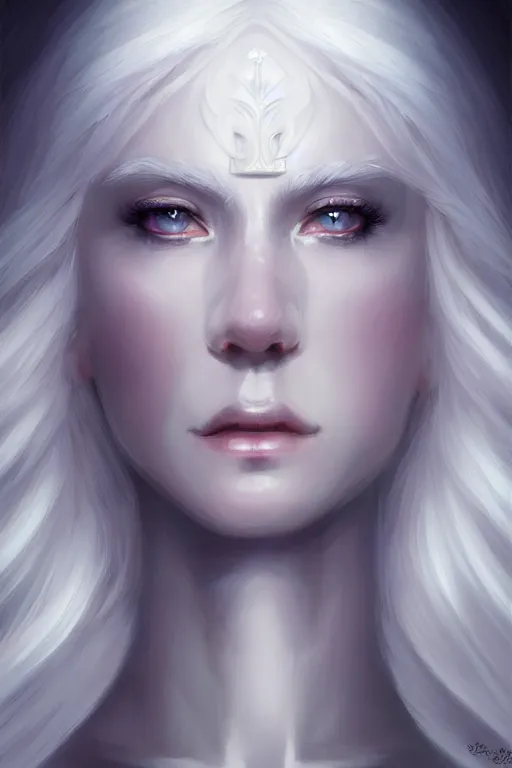 Prompt: a beautiful white haired goddess girl, fantasy, portrait, sharp focus, intricate, elegant, digital painting, artgerm, matte, highly detailed, concept art, illustration, ambient lighting