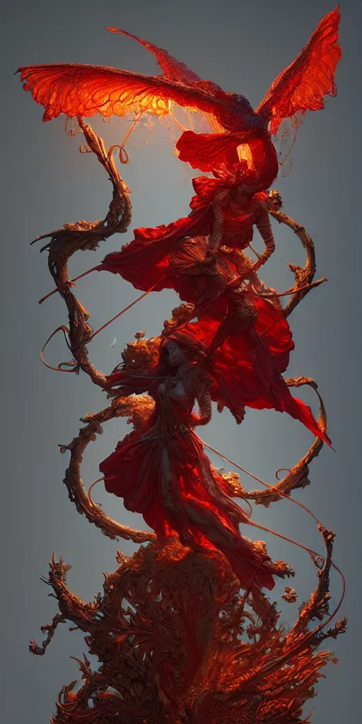 Image similar to A beautiful detailed 3d tarot card figure by ellen jewett, tomasz alen kopera and Justin Gerard red torn fabric, radiant colors, fantasy, trending on artstation, volumetric lighting, micro details, 3d sculpture, ray tracing, 8k