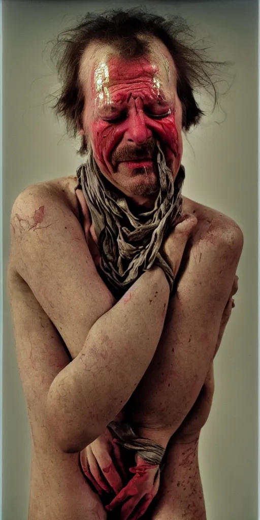 Image similar to award winning photo of lars von tied up crying, vivid colors, happy, symmetrical face, beautiful eyes, studio lighting, wide shot art by sally mann & arnold newman