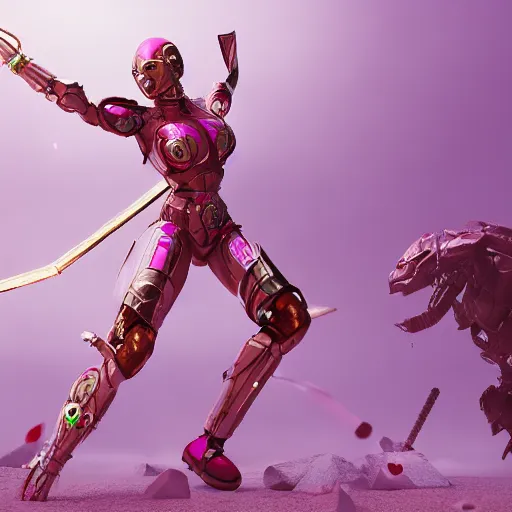 Image similar to warrior woman fights, pink robot enemies, octane render, cgsociety, detailed