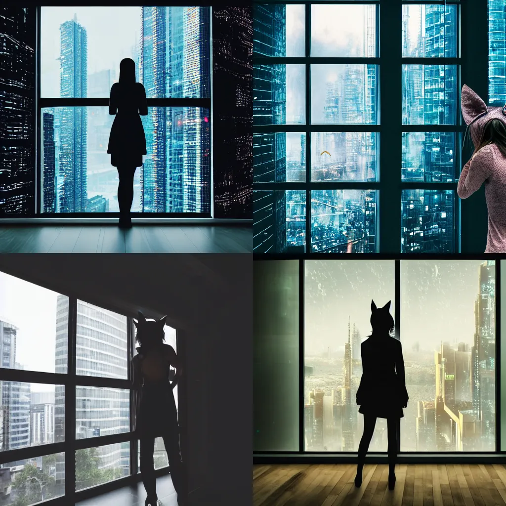 Prompt: a girl with cat ears standing infront of a wall to ceiling windows looking out on a cyberpunk city while it's raining