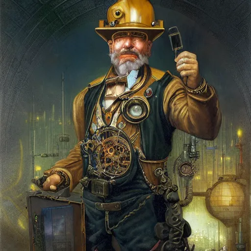 Image similar to portrait of a steampunk engineer, by howard david johnson