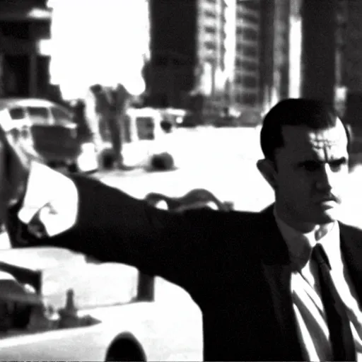 Prompt: the final shot of a mobster movie, men in suits, somber, cinematic composition, arriflex 35