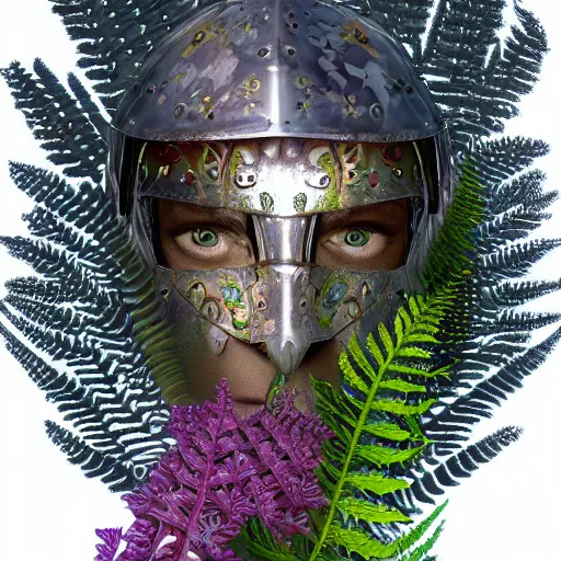 Image similar to a male knight, stern face, clear eyes, shining armour made of steel and flowers, and fractal flowery hair in a fractal garden, glowing delicate flower, berries and ferns that grow in a dark fantasy forest, full frame,