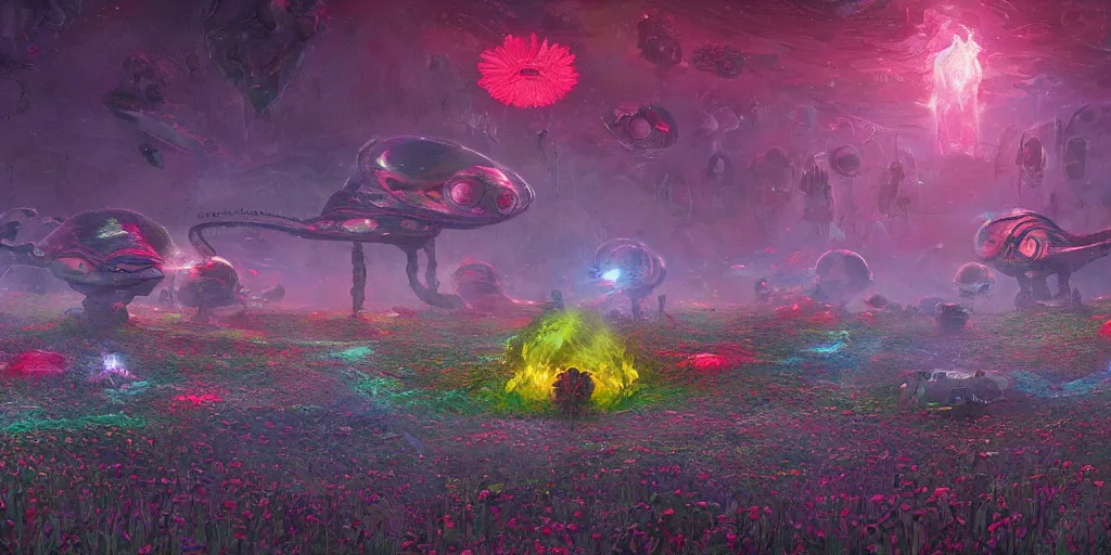 Prompt: colorful blob aliens in the middle of a vibrant flower field by jorge jacinto, death stranding art style, intricate, high detail, digital painting, ultra realistic, cinematic lighting, wide angle cinematography, artstation, 3 5 mm film grain