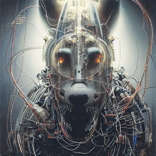 Prompt: robot cyborg hyena, many eyes, exposed wiring, glowing lights, highly detailed beksinski art, cyberpunk