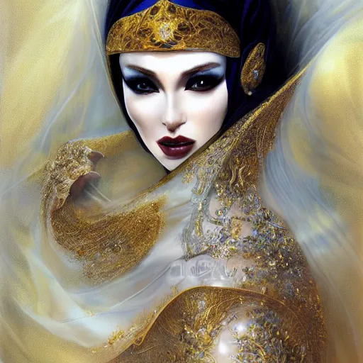 Image similar to a beautiful woman wearing a white niqab made of silk with golden jewelry and diamonds by alex gray and android jones, karol bak, ayami kojima, arabian, concept art, fantasy