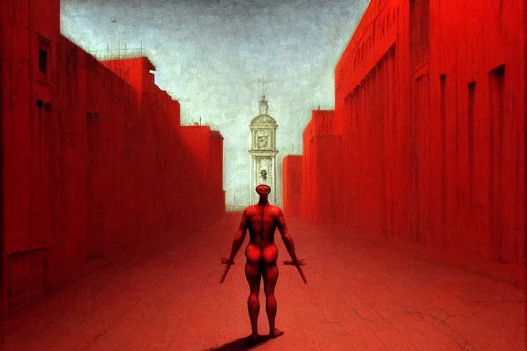 Image similar to only with red, caesar after war, a red tiger, in hoc signo vinces, rome in background, an ancient path, in the style of beksinski, part by hopper, part by rodcenko, part by hofbauer, intricate composition, red by caravaggio, insanely quality, highly detailed, masterpiece, red light, artstation