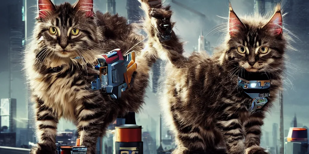 Image similar to a 3 d rendered movie still a of mainecoon robot kitten has become a cat scanning device. cyberpunk cat tree. digital art. science fiction blockbuster movie from the future, imax 7 0 mm. style of mandalorian ( american space western television series )