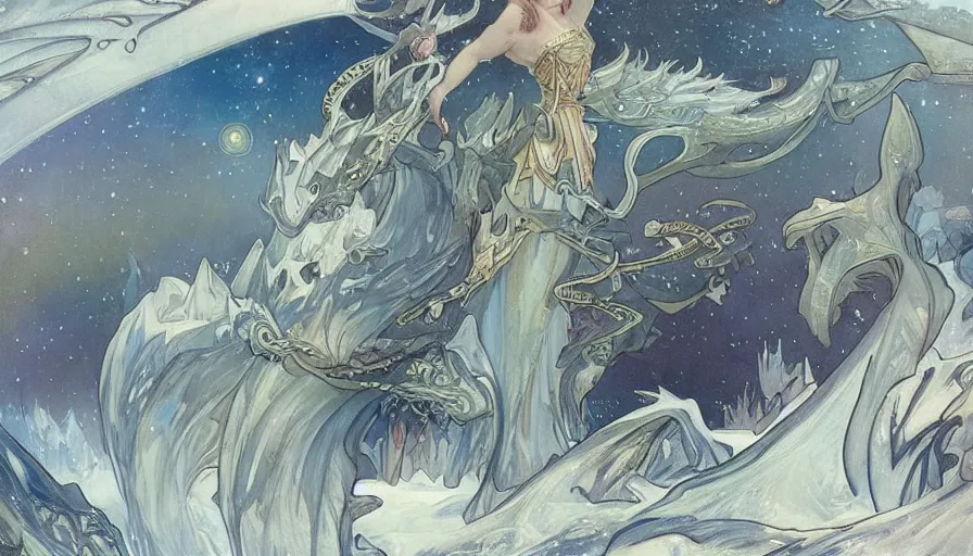 Prompt: epic ice dragon with trendy shapes in a nordic landscape under aurora and stars, set in the words of the Forgotten Realms and Guildwars2, painted by Hans Fredrik Gude, alphonse mucha and Artgerm, concept art 2022, ultra realistic masterpiece