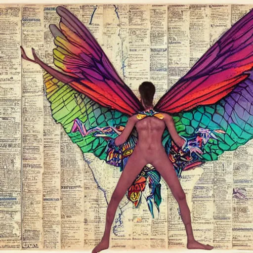 Image similar to A banshee with large and colorful wings kneels down by an old paper map while eating a piece of meat.