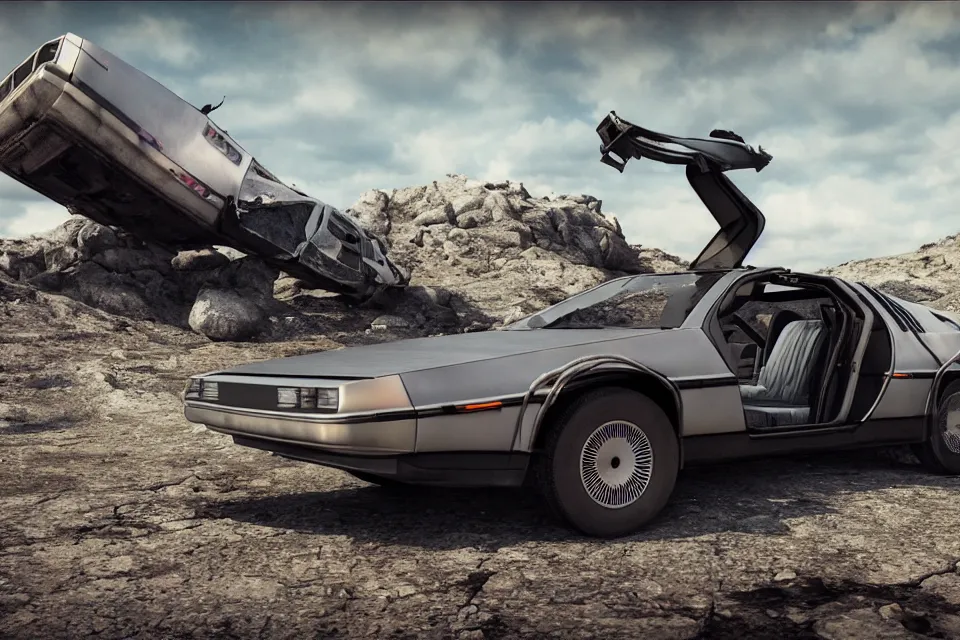 Prompt: ultra realistic delorean dmc 5 on remote ancient highway wreckage in space, dark cinematic, volumetric, realistic, 3 d render, realistic render, cinematic lighting, volumetric lighting, atmospheric, cinematic, unreal engine 5, unreal engine render, octane render, hd, photorealism, hyper realistic, 8 k