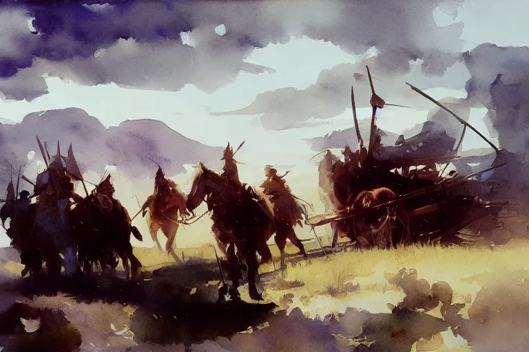 Prompt: small centered on white watercolor paper, paint brush strokes, abstract watercolor painting of viking wagon, midday sharp light, dust, cinematic light, american romanticism by hans dahl, by jesper ejsing, by anders zorn, by greg rutkowski, by greg manchess, by tyler edlin