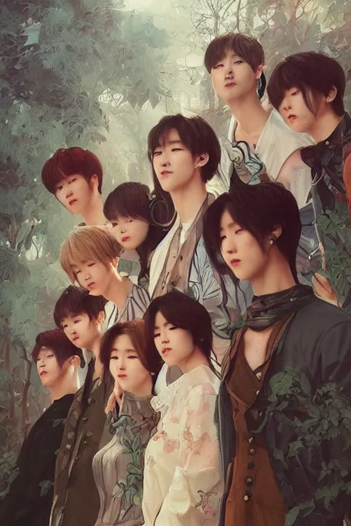 Prompt: beautiful cottagecore BTS k-pop band on stage, fans are screaming, phone wallpaper. intricate, elegant. the background is babylue !. highly detailed, digital painting, artstation, concept art, smooth, sharp, focus, illustration. . art by artgerm and greg rutkowski and alphonse mucha