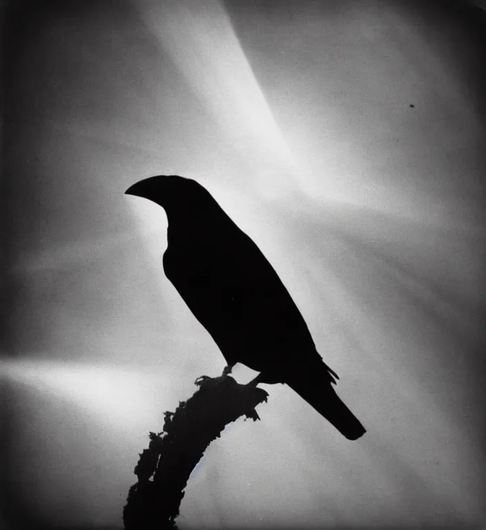 Image similar to wide angle, dark old polaroid of a ethereal raven bird, being illuminated by few sun rays, black and white