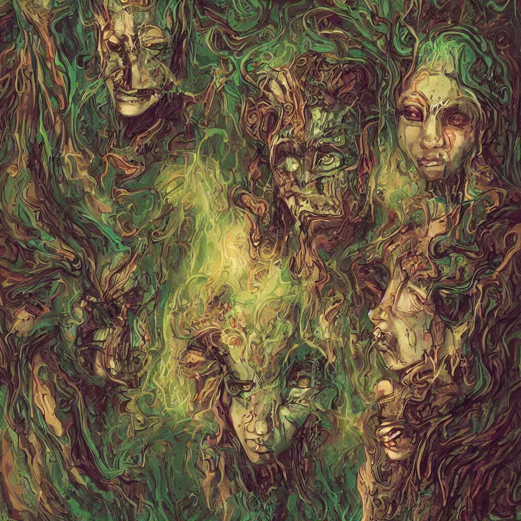 Image similar to high fine hyperdetailed portrait of an elf a glyph and a dunde in a fantastic and surreal psychedelic world, they have a bit of a horror aspect and convey some anger because some invaders came to their land