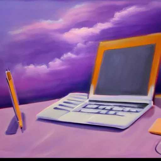 Image similar to realistic panting of a desk on a purple field blue clouds highly detailed trending on art station