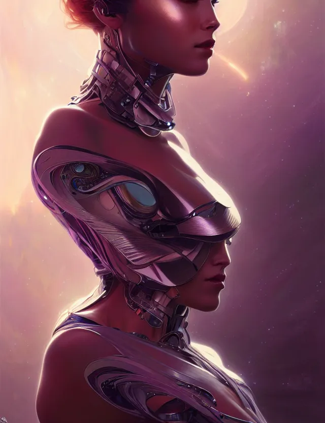 Image similar to futuristic woman portrait, sci-fi, amber eyes, face, long hair, fantasy, intricate, elegant, highly detailed, digital painting, artstation, concept art, smooth, sharp focus, illustration, art by artgerm and greg rutkowski and alphonse mucha