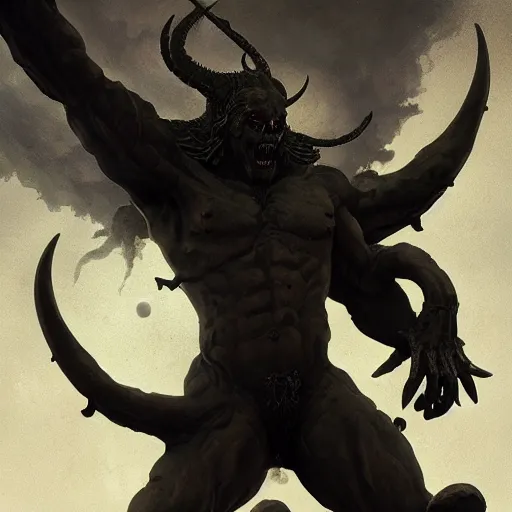 Image similar to four armed statue of a demon of the moon ascending from hell, four arms, dramatic lighting, jagged, artstation, concept art, smooth, sharp focus, illustration, art by greg rutkowski