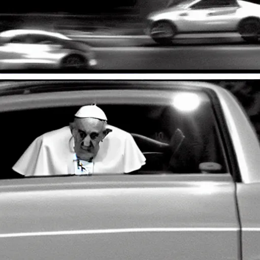 Image similar to pope francis carjacking a car in downtown new york outside a mcdonalds at 3am CCTV footage grainy black and white