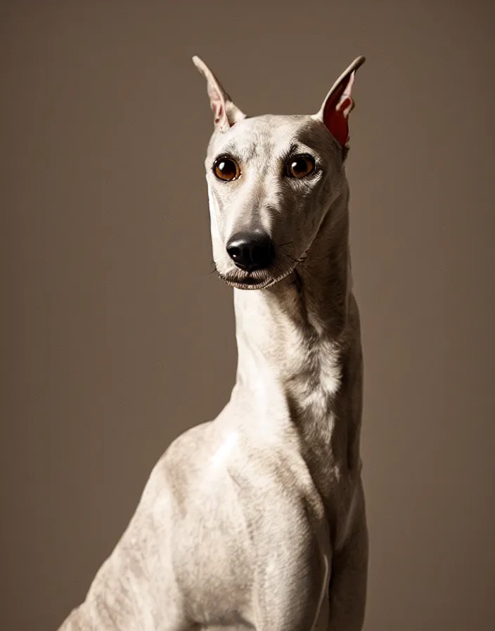 Image similar to an elegant portrait photo of a greyhound in the renaissance style, ultra detaile, 8 k, award winning, elegant lighting