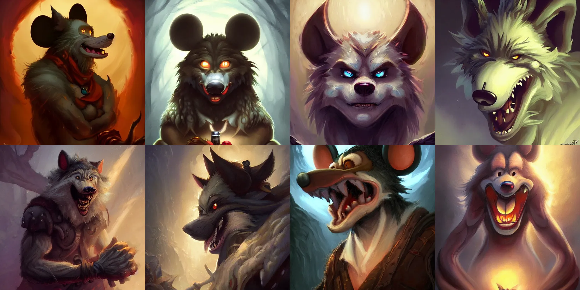 Prompt: a werewolf mickey mouse, pretty, beautiful, DnD character art portrait, matte fantasy painting, DeviantArt Artstation, by Jason Felix by Steve Argyle by Tyler Jacobson by Peter Mohrbacher, cinematic lighting