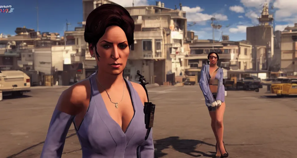 Image similar to Screenshot of Sterling Lana Kane from the show Archer as a 3d NPC in the videogame 'Hitman 3' (2021). Beautiful environment. Gorgeous level. Fancy dress. Sharpened. 4k. High-res. Ultra graphics settings.