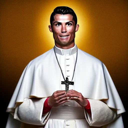 Image similar to cristiano ronaldo as pope, accurate, 30mm, dramatic lighting, nikon