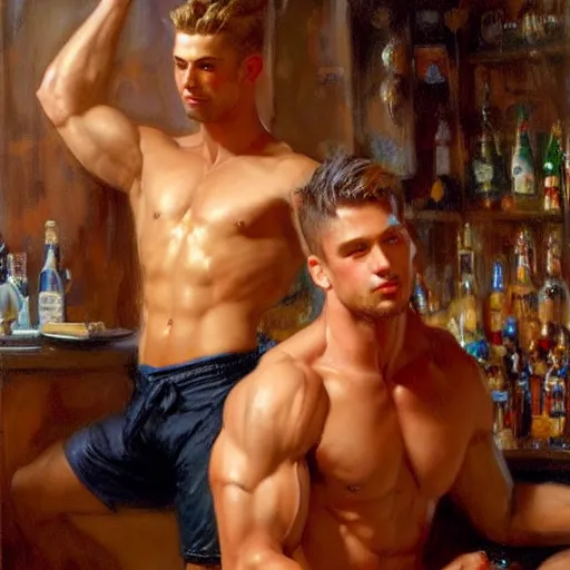 Image similar to attractive muscular male with brunet hair and attractive muscular male with blond hair. pants and shorts, drinking their hearts out, in a pub. very defined and detailed painting by gaston bussiere, j. c. leyendecker, craig mullins 8 k