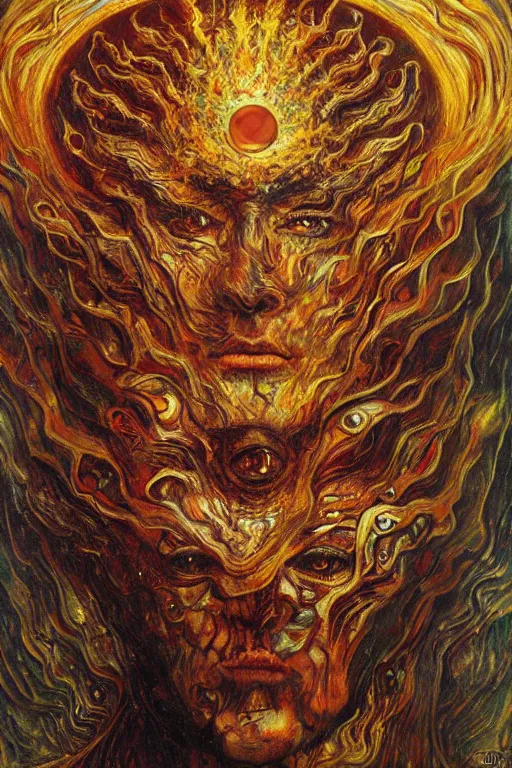 Image similar to Visions of Hell by Karol Bak, Jean Deville, Gustav Klimt, and Vincent Van Gogh, nightmare portrait, infernal, visionary, otherworldly, fractal structures, ornate gilded medieval icon, third eye, hellfire, spirals