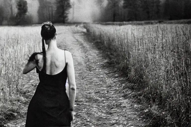 Image similar to a closeup of a woman's back in a countryside, Andrei Tarkovsky film style, photography, 1970s