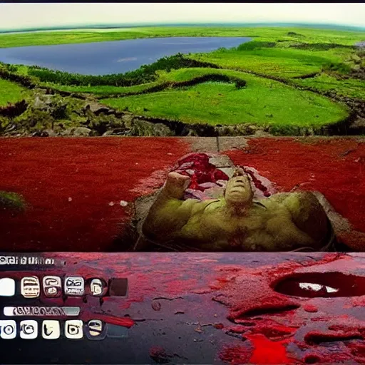 Image similar to BEAUTIFUL LANDSCAPE WITH LAKES MADE OUT OF BLOOD, REALISM, HELL, 8K, SHREK CONSUMES BONES, 100K, UNREALESED SHREK MOVIE, 8K