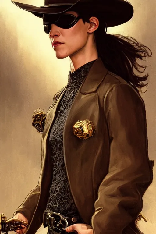 Prompt: portrait of Neo from The Matrix wearing a cowboy hat and a big ornate golden belt buckle, D&D, fantasy, highly detailed, digital painting, artstation, concept art, smooth, sharp focus, illustration, art by artgerm and greg rutkowski and alphonse mucha