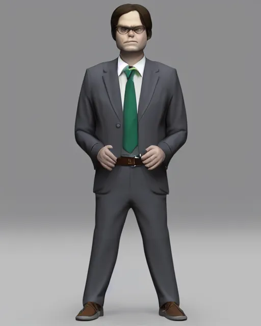 Image similar to full body 3d render of Dwight Schrute, studio lighting, white background, blender, trending on artstation, 8k, highly detailed