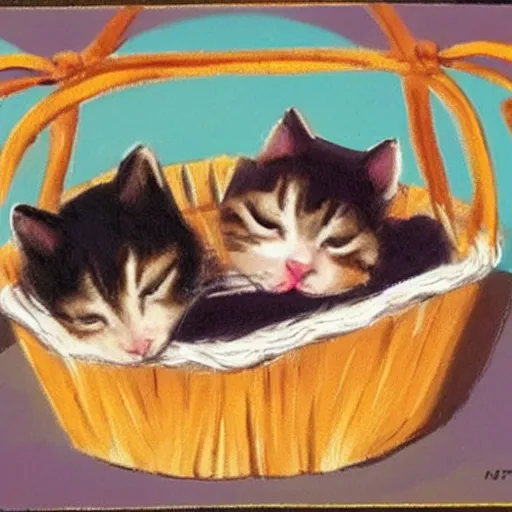 Prompt: two kittens sleeping in a basket, puffy paint, warm color palette, happy