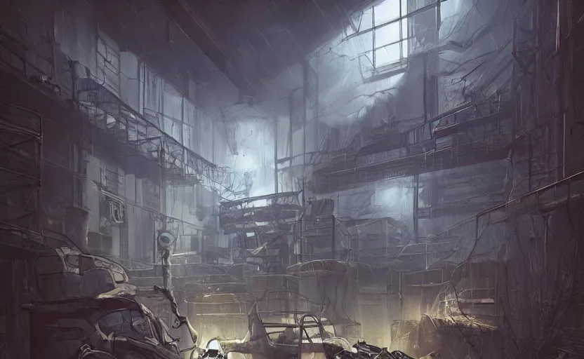 Image similar to a huge bio - monster hidding in a mess warehouse, crystal lights, resident evil, sci - fi atmosphere, cel - shading, cinematic, artstation, studio ghibli, miyazaki, highly details