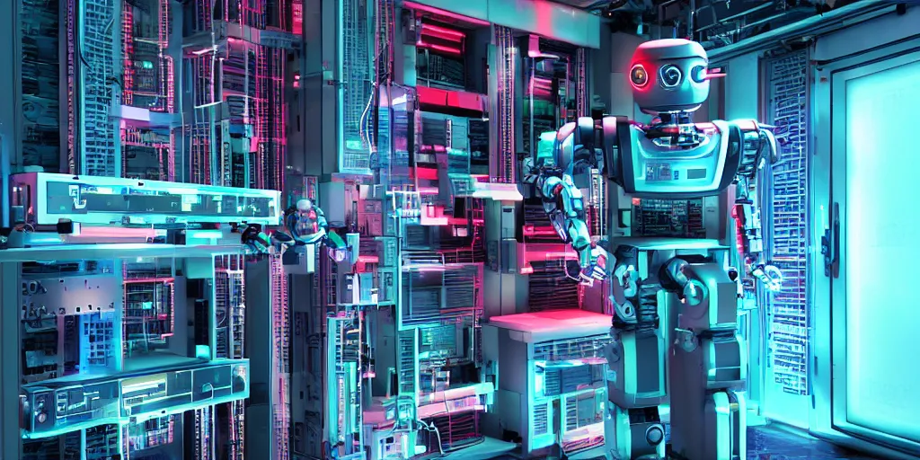 Prompt: retro robot in data center server palace high details shot cyberpunk retrowave shot from michael bay movie