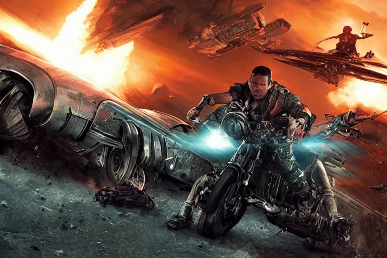 Image similar to mad max riding his interceptor in space, fighting mutants on space bikes, action - scene, very detailed, high octane