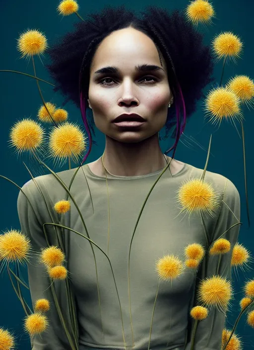 Prompt: zoe kravitz, pretty black model with dandilions : by martine johanna and simon stalenhag and chie yoshii and casey weldon and wlop : : ornate, dynamic, particulate, rich colors, intricate, elegant, highly detailed, vogue, harper's bazaar art, fashion magazine, smooth, sharp focus, 8 k, octane render,