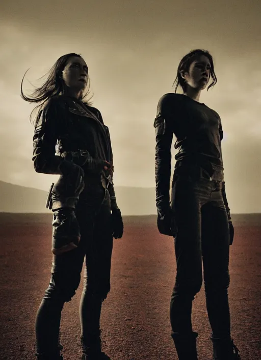 Image similar to cinestill 5 0 d photographic portrait of two loving female androids wearing rugged black techwear on a desolate plain with a red sky, extreme closeup, lizard on ground, cyberpunk style, in front of a brutalist dark metal facility, dust storm, 8 k, hd, high resolution, 3 5 mm, f / 3 2, ultra realistic faces