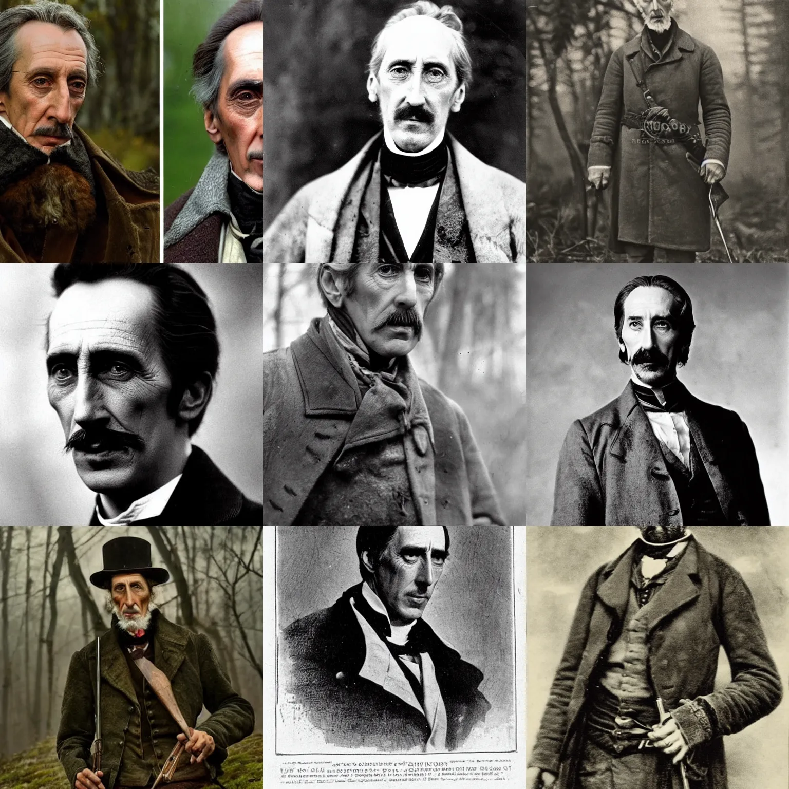 Prompt: a stiff, stark 19th century eastern european hunter with a gray goatee looks similar to Jonathan Hyde and young Christopher Lee. The background is a eastern european forrest. cinematic lighting, highly detailed, realistic, antique photography