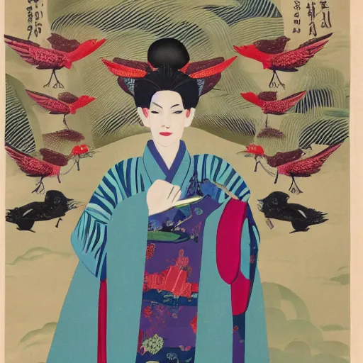 Prompt: urban fantasy portrait of the androgynous deity of hospitality, wearing a kimono painted with cranes, performing chadō