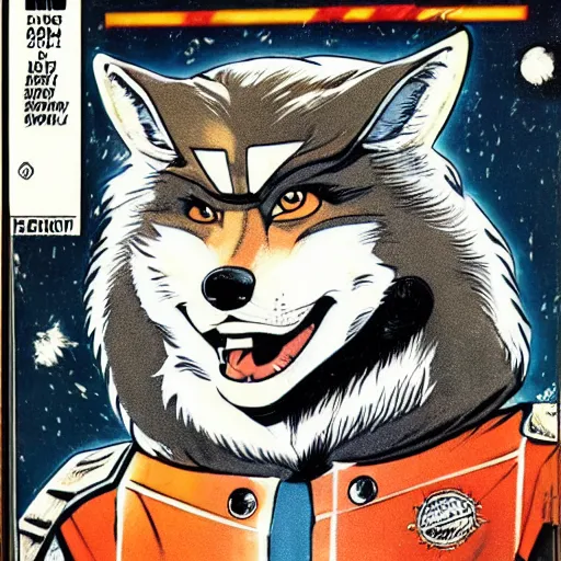 Image similar to 1 9 8 0 s comic book cover scan featuring a portrait of villain male wolf o'donnell anthropomorphic wolf furry fursona from starfox wearing a dark space mercenary uniform, dark grey wolf, handsome eyes, wolf o'donnell