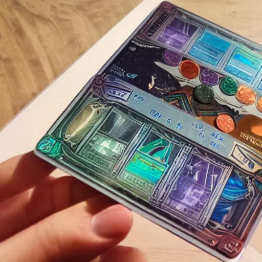 Image similar to An open hand holding a holographic stack of coins, Android Netrunner