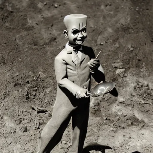 Image similar to slappy the dummy digging with a spoon in his hand, 8k photo