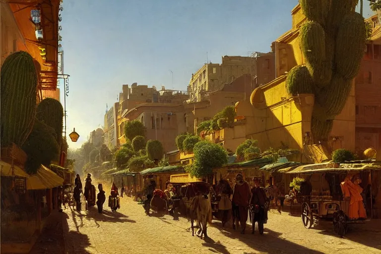 Image similar to cactus-lined street at dawn in a very beautiful Wild west city in summer by Ludwig Deutsch and Rudolf Ernst, colorful architecture, strong dramatic cinematic lighting, lost civilizations, smooth, sharp focus, extremely detailed