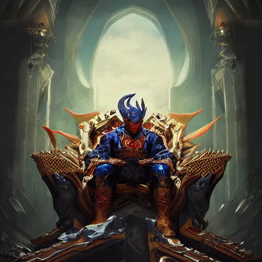 Prompt: A stunning comic book style portrait painting of a dragon emperor sitting on his throne, in the style of WLOP, 8k masterpiece, cinematic lighting, dynamic lighting, pristine and clean design, high fantasy, CGSociety, insanely detailed, atmospheric, matte painging,