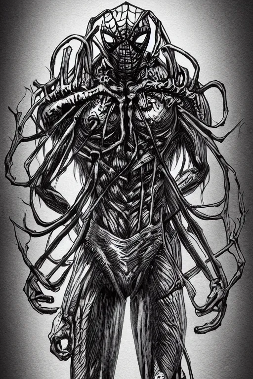 Image similar to spider humanoid figure monster, symmetrical, highly detailed, digital art, sharp focus, trending on art station, kentaro miura manga art style